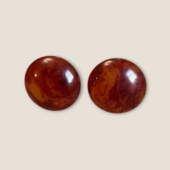 Estate Vintage Bakelite Clip-On Earrings Marbled Amber Brown Round Design - Picture 8 of 8